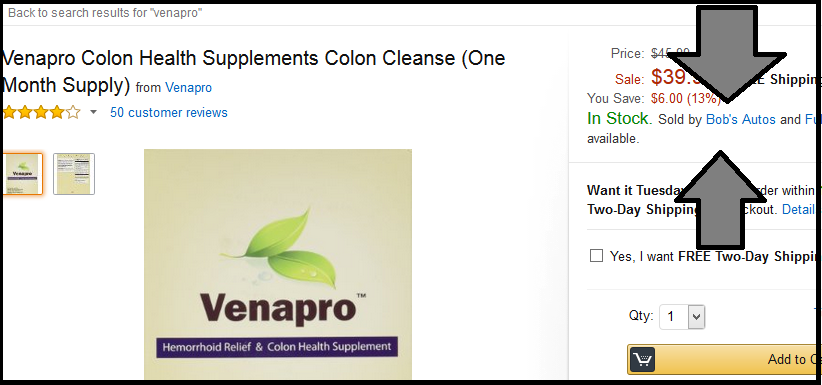 Example of Venapro being sold by an Amazon Marketplace seller